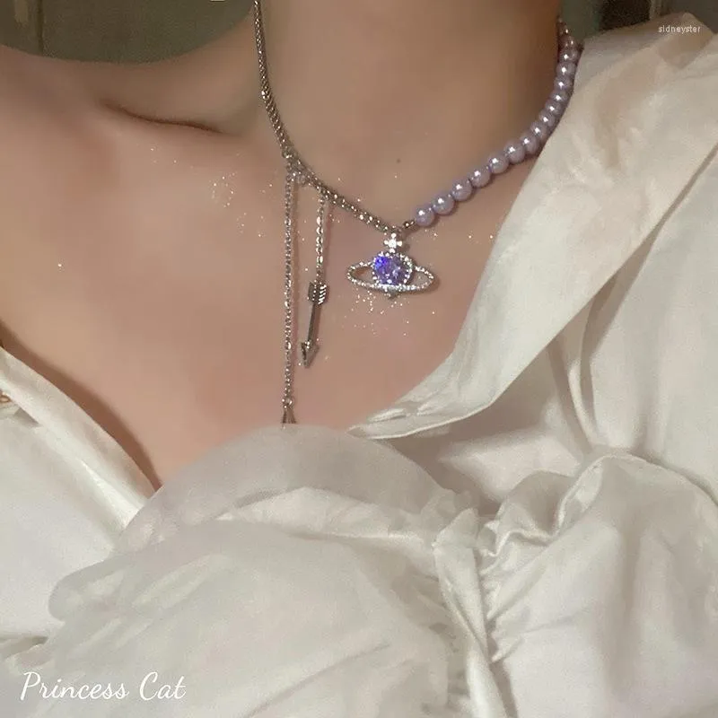 Collane con ciondolo a forma di cuore in cristallo viola Collana con universo per donna Squisita collana con perline di perle Catena girocollo Festa_voghion.com