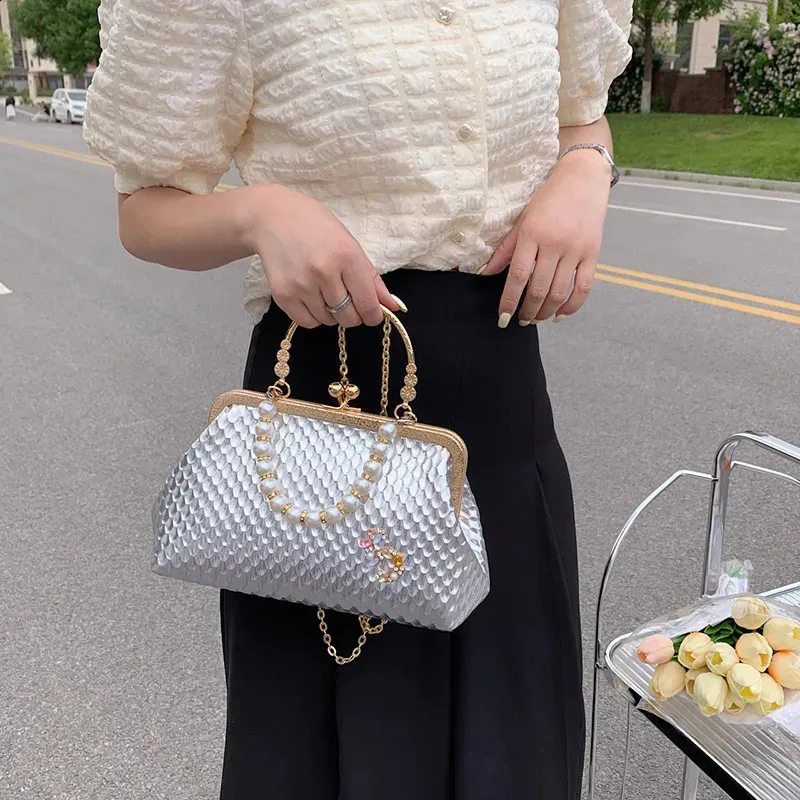Sacs à bandoulière en argent doré pour femmes, pochette de soirée en perles, chaîne, clip, sacs à main de fête 240821_voghion.com