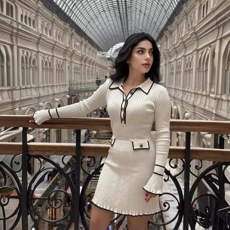 Women's Clothing Ruffled knitted dress long sleeve lapel button earrings_voghion.com