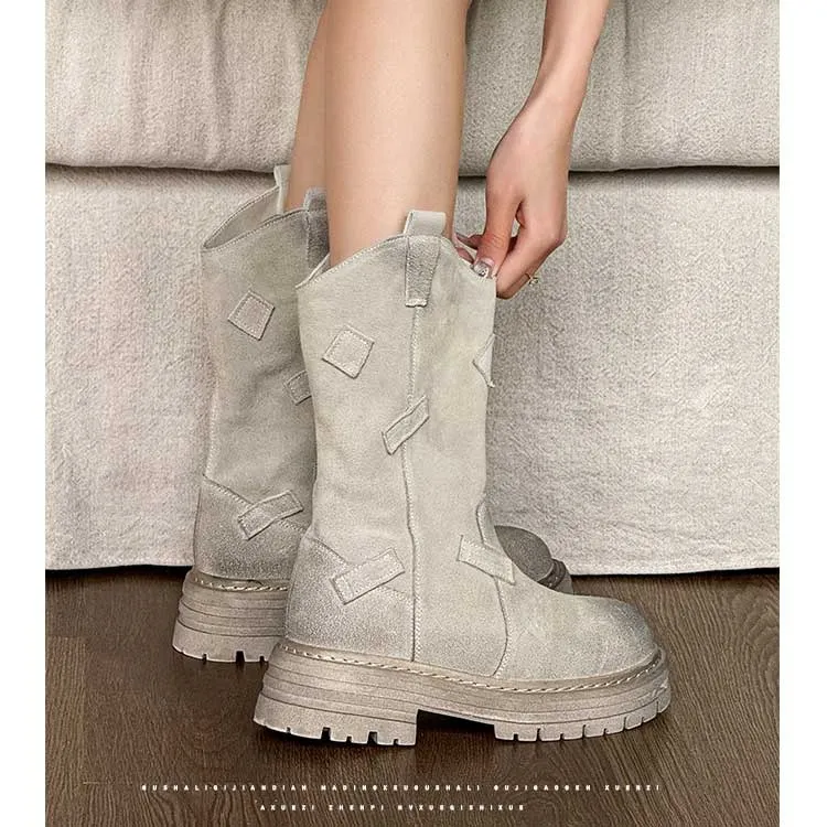 Vintage Style Women's Mid Calf Boots Lightweight Ankle Boots_voghion.com