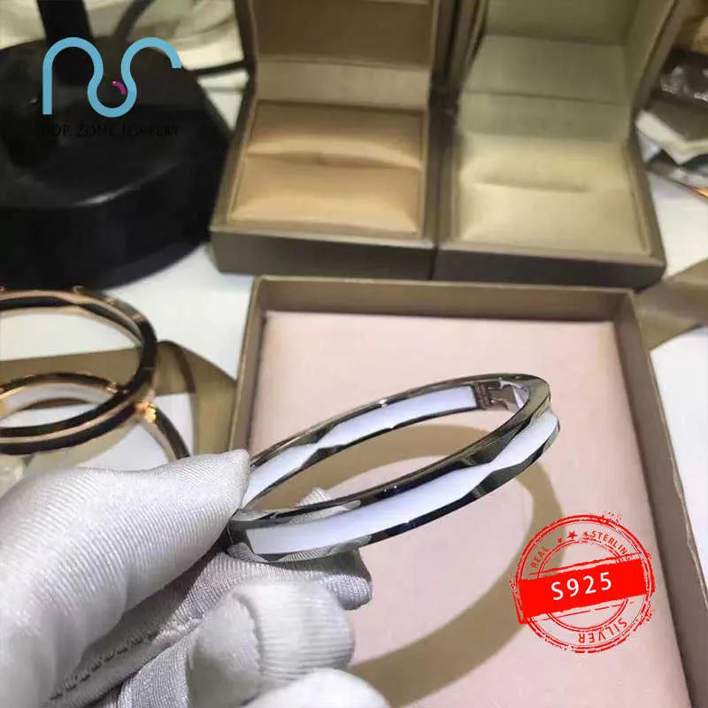 Sterling Silver And Ceramic Bangle Bracelet For Women Elegant_voghion.com