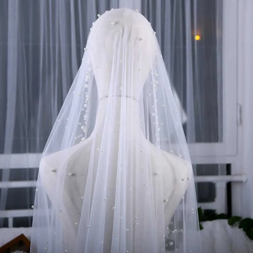 Hair Jewelry V66 Pearls Beaded Bridal Church 3M Long Cathedral Veils No Comb Nail Pretty Wedding Accessories 1 Tier Soft_voghion.com