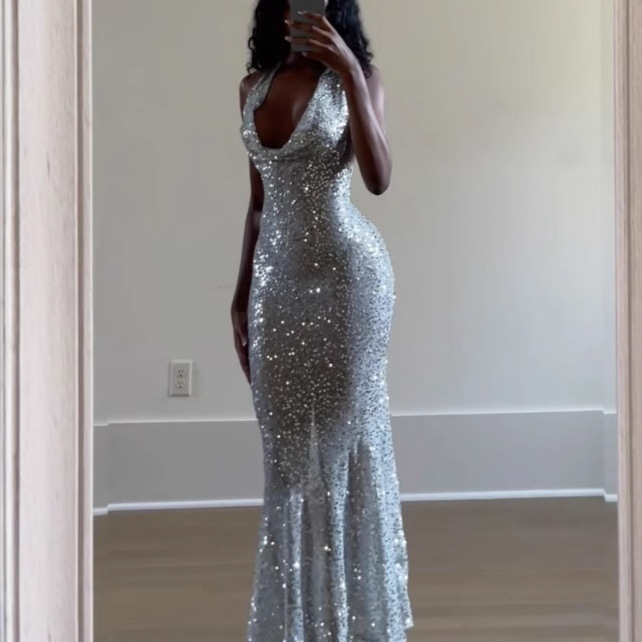 Women’s Clothing Suspenders Deep V Neck Slim Shiny Dress