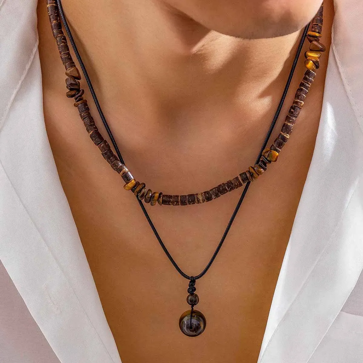 Chaînes Salircon Vintage Ethnique Géométrique Gravel Chaîne Clavicule Collier Boho Noix De Coco Bois Perle Hommes Cou Bijoux_voghion.com