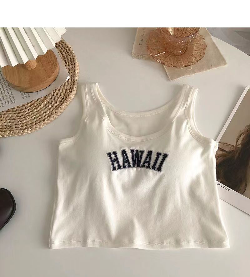 Semplice canotta traspirante in puro cotone con lettere per abbigliamento sportivo all'esterno e all'interno, top corto all-match slim sul retro_voghion.com