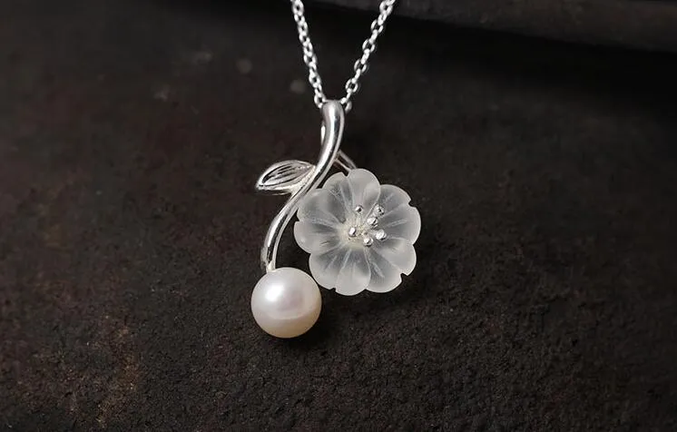 Anheng Halskjeder Ekte Sterling Sier Håndlagde Designer Fine Smykker Hvit Naturlig Perle Delikat Plommeblomst Blomst_voghion.com