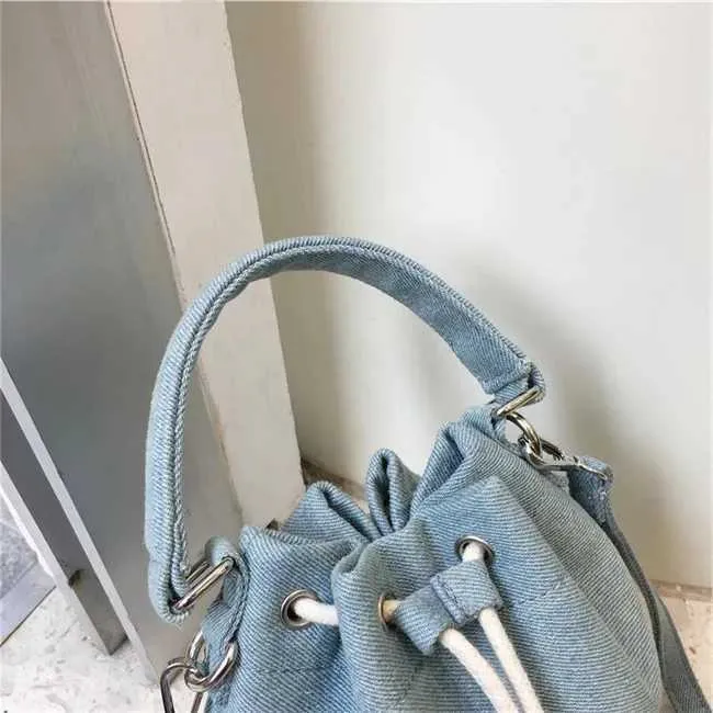 Women Fashion Denim Bucket Solid String Handbags Casual Mini Crossbody Bags Female All-matched Messenger PackC241212_voghion.com