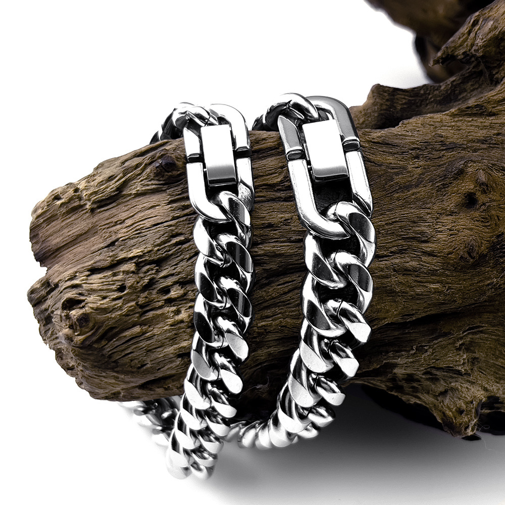 Trendy and cool stainless Cuban men's domineering titanium steel rough bracelet, hip-hop buckle jewelry_voghion.com