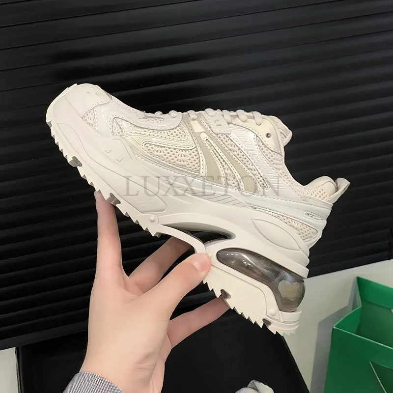 Genuine Leather Air Cushion Round Toe Thick Sole Dad With Mesh Surface For Comfortable Breathable Casual Sports Shoes_voghion.com