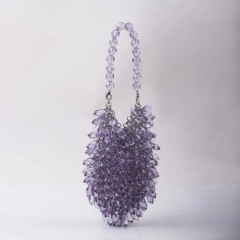 Borsa a secchiello piccola da sera in cristallo trasparente intrecciato a mano, verde, blu e giallo, fatta a mano, estiva_voghion.com