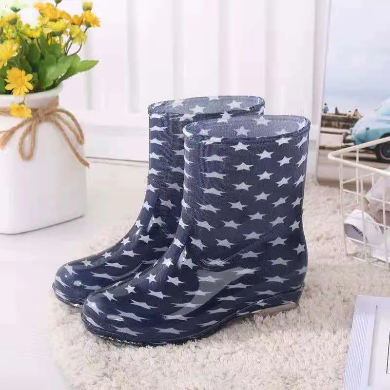 Printed for women work anti and non slip PVC waterproof shoes mid calf rain boots 241031_voghion.com