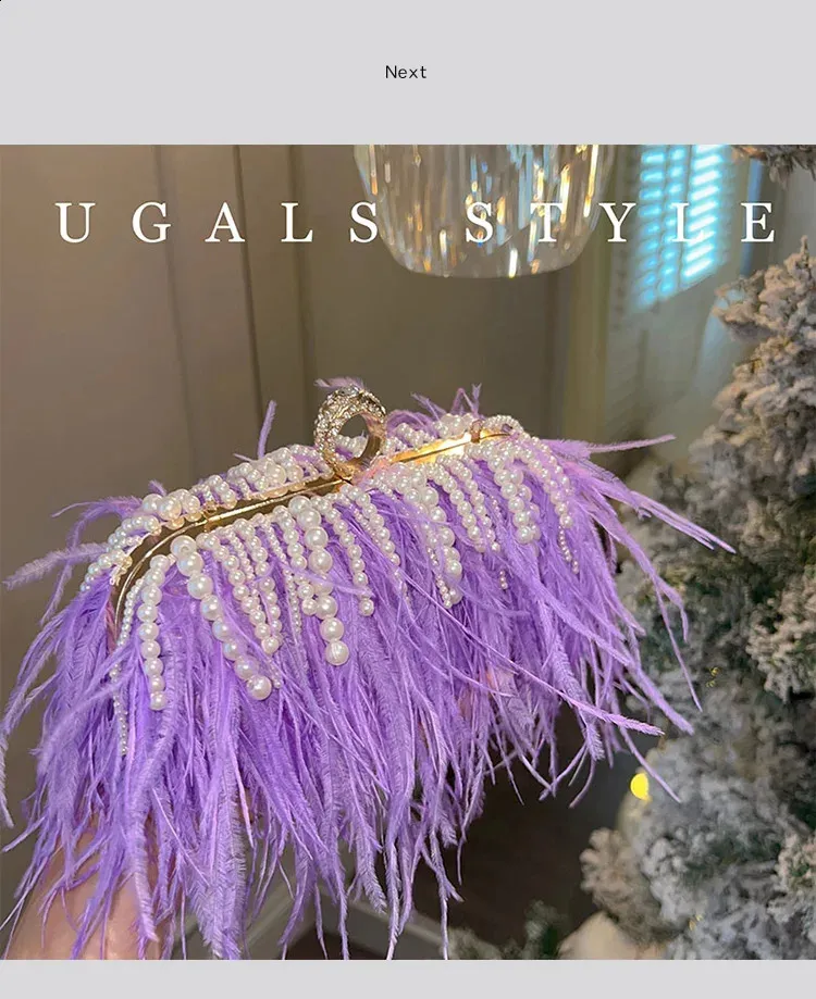Pochette de soirée en plumes avec perles pour mariage et soirée_voghion.com