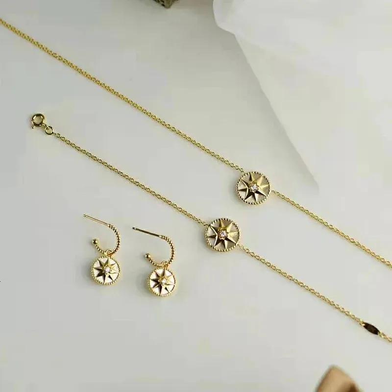 Anziw Personalità Fritillaria Bianca Bussola Pendente Collana Piercing Orecchini Placcato Oro Sterling Argento Regalo Donna_voghion.com