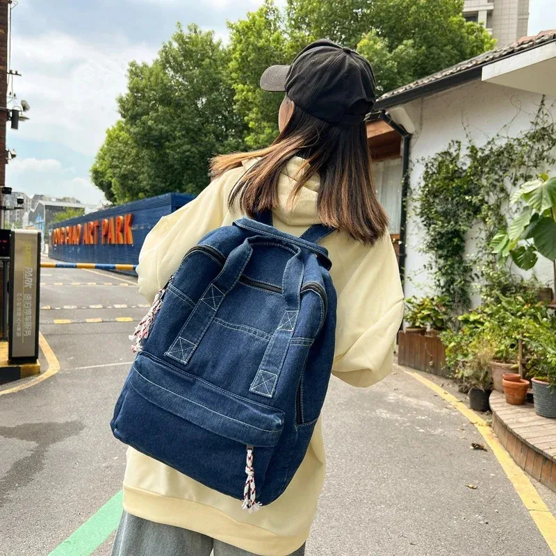 Retro Denim Womens Backpack Canvas Shoulders Bag College Knapsack Big Packbag Travel Rucksack Student Jeans Mochila Y2K_voghion.com