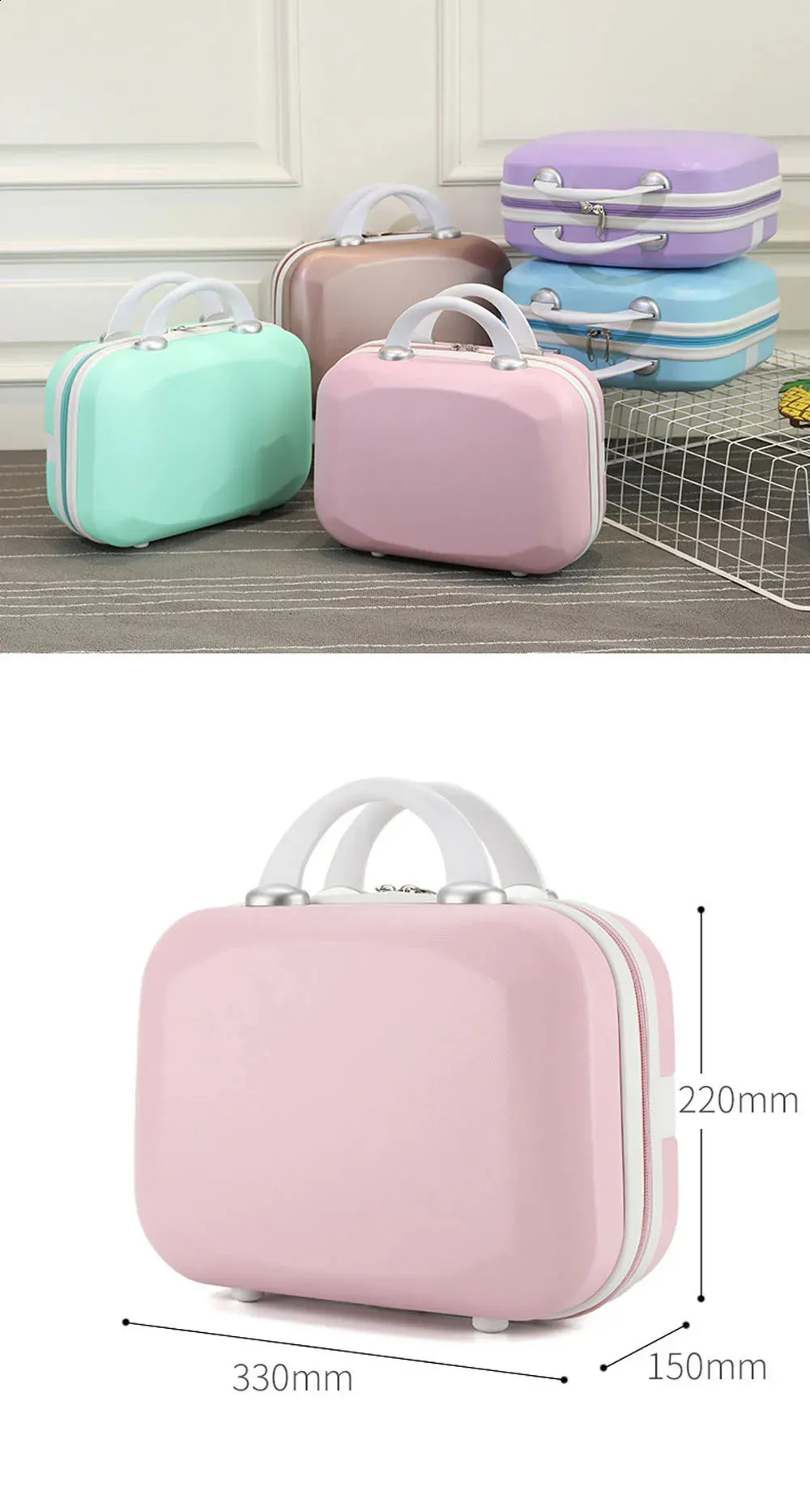 Neceser pequeño de viaje para mujer, de 14 pulgadas, color rosa, azul, morado y caqui. Material compresivo grande, tamaño 30-15,5-23 cm. 240729_voghion.com