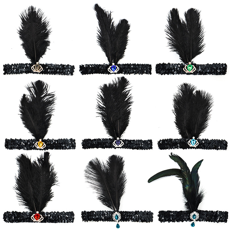 Festa di Halloween per single con accessori per capelli neri Fascia per capelli con piume a sfera Gatsby degli anni '20_voghion.com