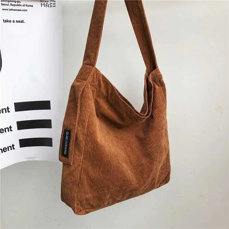 Damska torba na ramię z kordu, mała, bawełniana, płócienna, vintage, duża pojemność, StudentC241031_voghion.com
