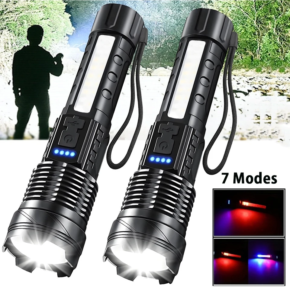 Lampe torche LED rechargeable, lampe torche portable ultra-lumineuse, 7 modes avec éclairage de travail COB, lampe torche tactique pour la maison_voghion.com