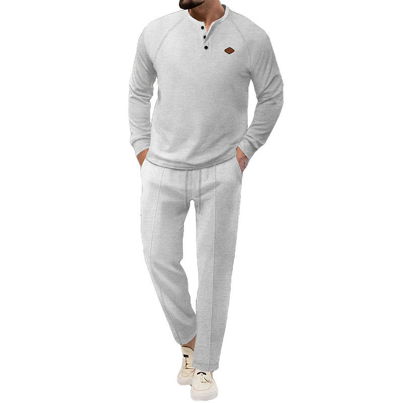 2024 Spring and Autumn New Men's Solid Color Waffler Henley Long sleeved Pants Set_voghion.com