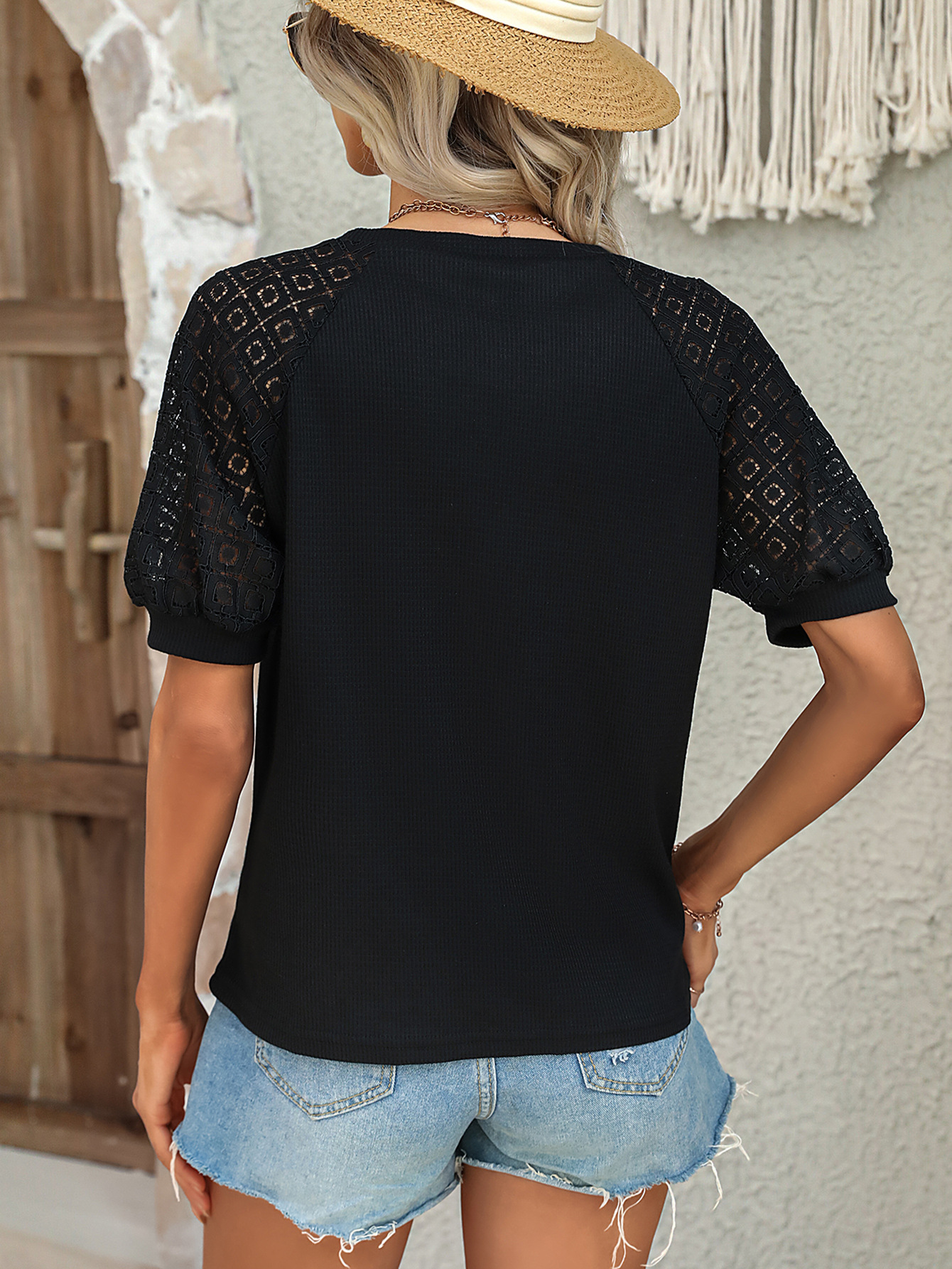 Women's Lace Stitching Round Neck T-shirt For Summer Casual Style_voghion.com