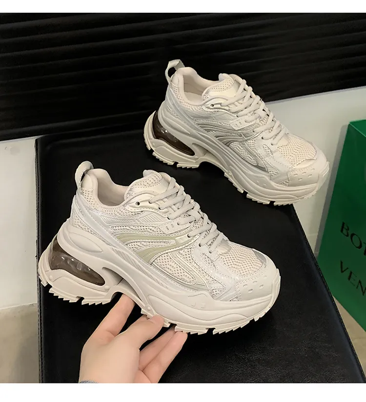 Genuine Leather Air Cushion Round Toe Thick Sole Dad With Mesh Surface For Comfortable Breathable Casual Sports Shoes_voghion.com