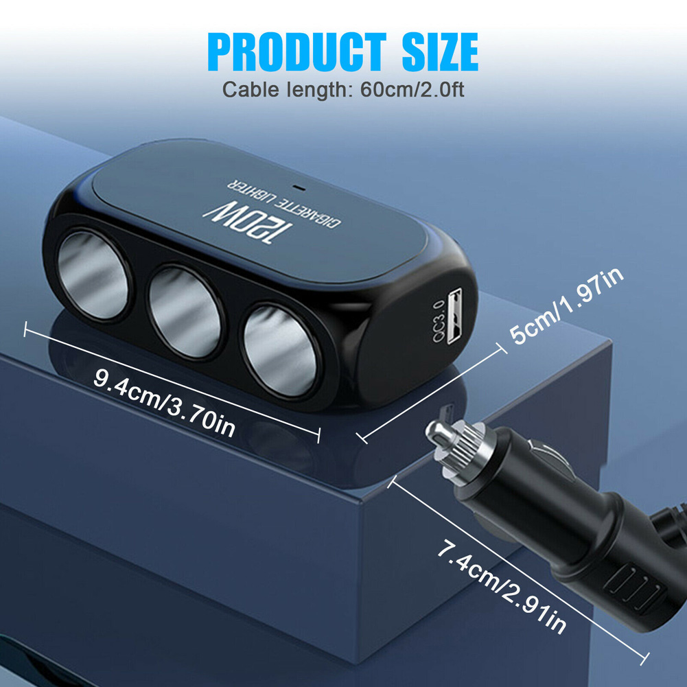 3 Way Car Cigarette Lighter Socket Splitter Charger USB PD QC 3.0 Quick Charge 12V 120W Auto Type C Charging Power Adapter Plug_voghion.com
