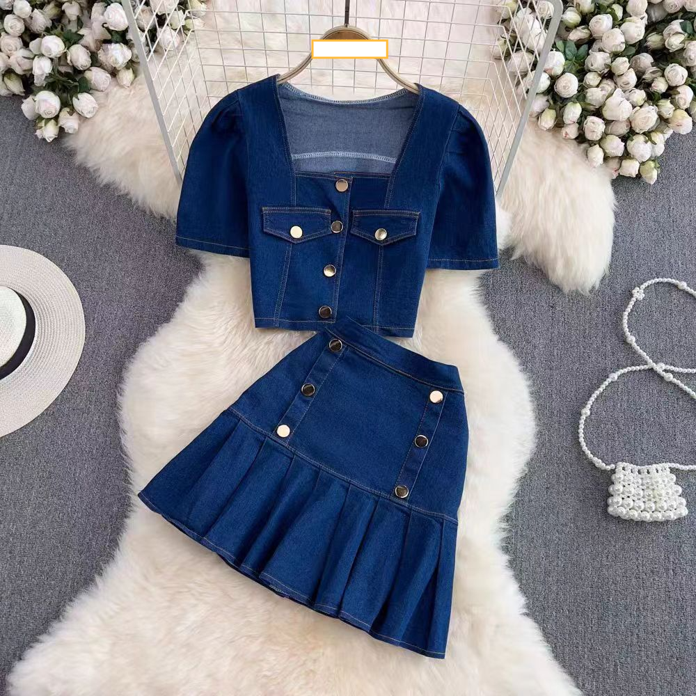 Vêtements pour femmes, chemise en denim à manches courtes, col carré, costume deux pièces, jupe plissée taille haute