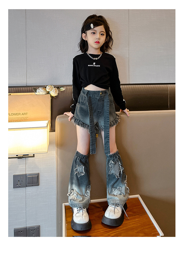 Frühlings- und Herbstanzüge für Mädchen von Mutter und Kind, modische, heiße Mädchen, straßentaugliche Langarmoberteile, personalisierte Hip-Hop-Jeans, zweiteiliges Set_voghion.com