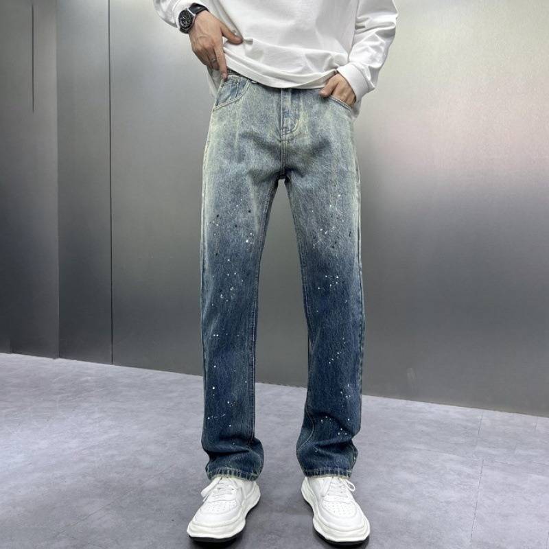 Vêtements pour hommes design de rue délavé rétro encre éclaboussée jeans pantalons décontractés pour hommes pantalons droits amples ins marque tendance