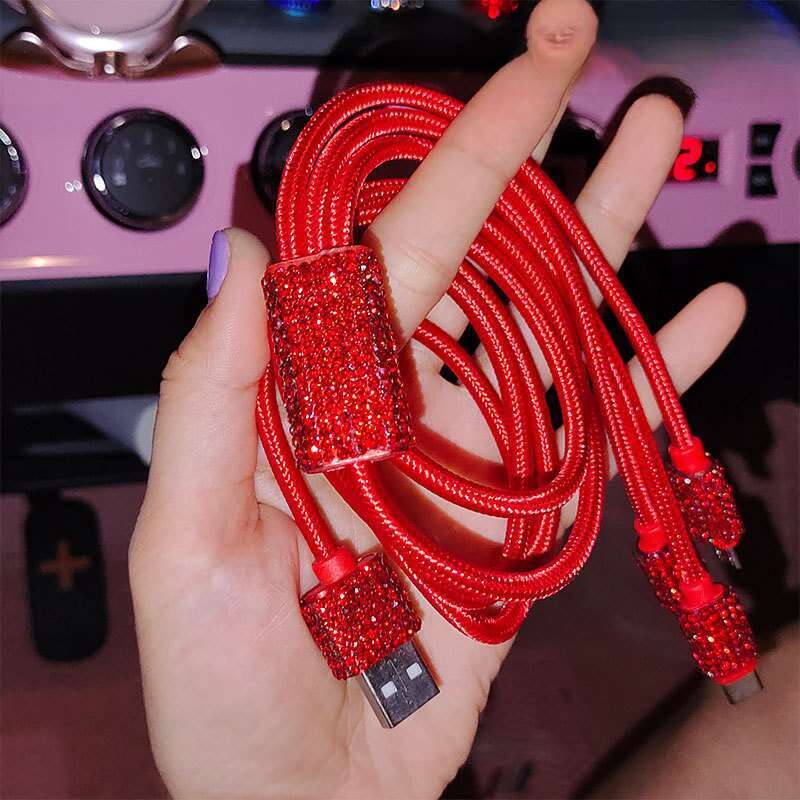 Elmas Gömülü Bir ila Üç Hızlı Şarj Veri Kablosu, Araba USB Çakmak, Cep Telefonu Şarj Cihazı_voghion.com