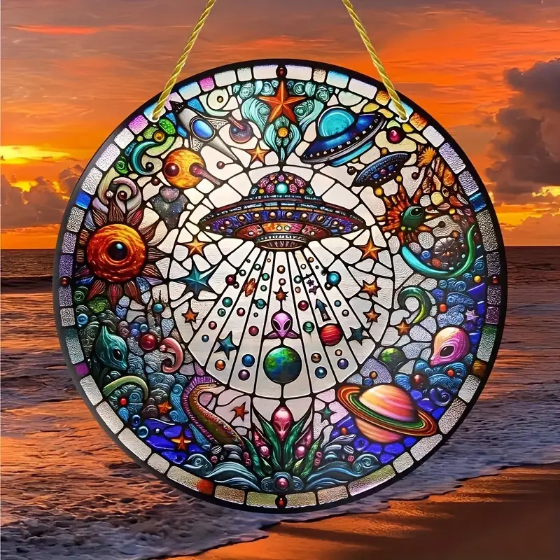 8x8in UFO & Alien Suncatcher - Whimsical Acrylic Wall Art For Home & Office - Unique Sci-Fi Gift For Indoor/Outdoor Decor_voghion.com