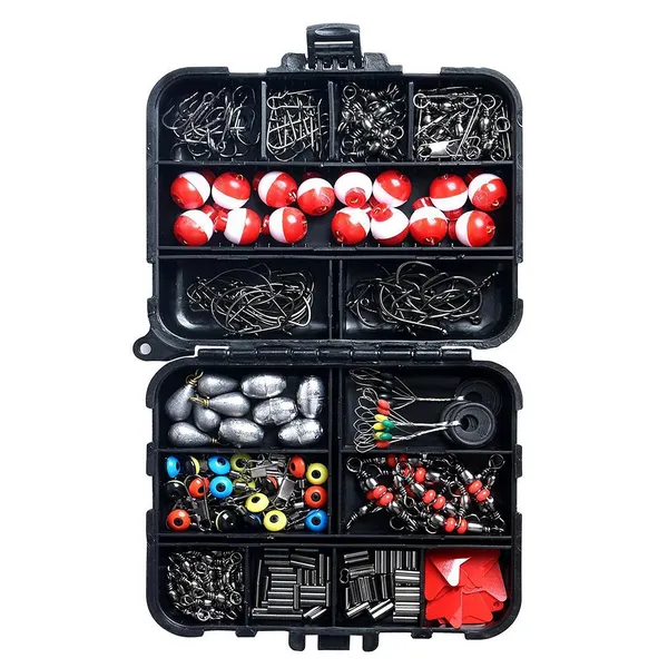Set di 263 accessori per la pesca all'aperto con scatola porta attrezzi, comprensivo di pinze, ami da jigging, piombi, girelle, moschettoni e kit di scorrimento per piombi._voghion.com