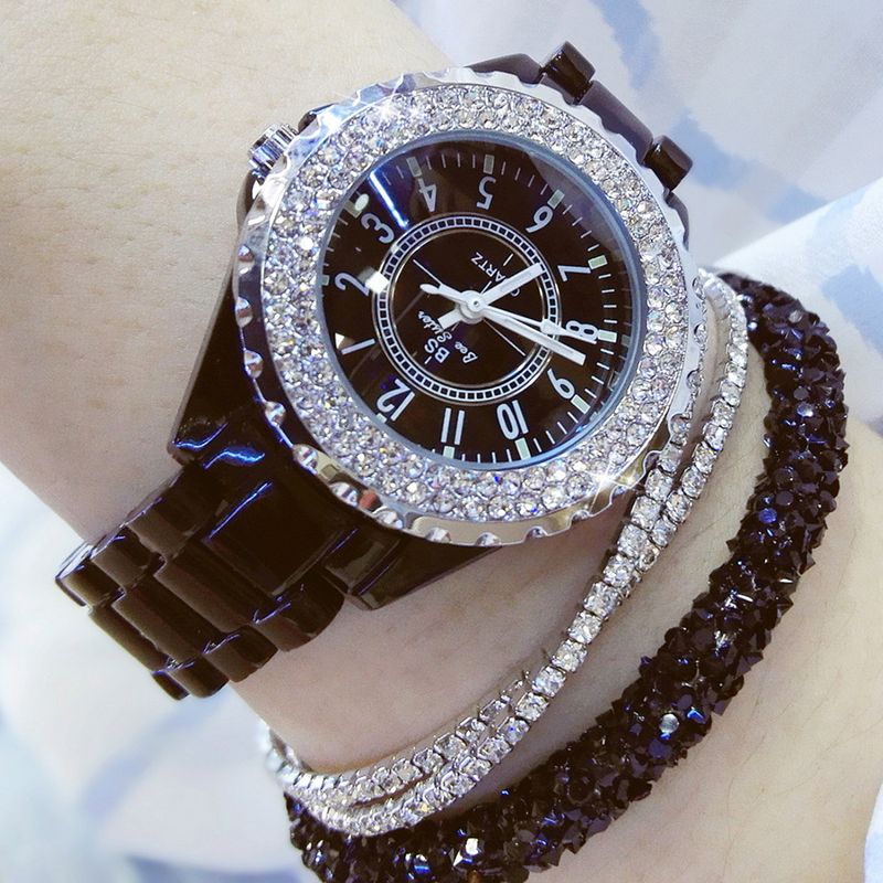 Yamaler elegante strass ceramica cinturino da donna rotondo analogico orologio da polso al quarzo regalo_voghion.com