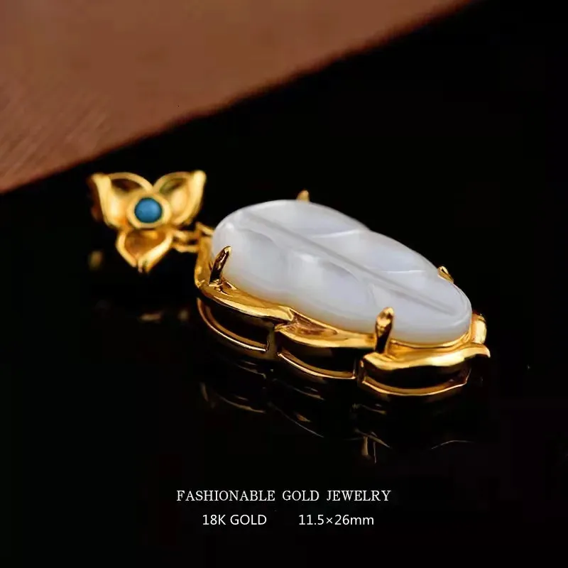 RUIYI Echter weißer Perlmutterfalter-Anhänger, reines AU750-Gold, Zweig-Jadeblatt-Halskette für Damen, exquisiter Schmuck, Geschenk 240618_voghion.com