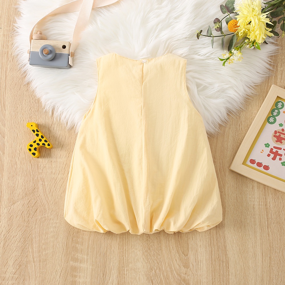 Vestido de verano transpirable para niña, sin mangas, de color liso, con un bonito patito de juguete decorativo._voghion.com