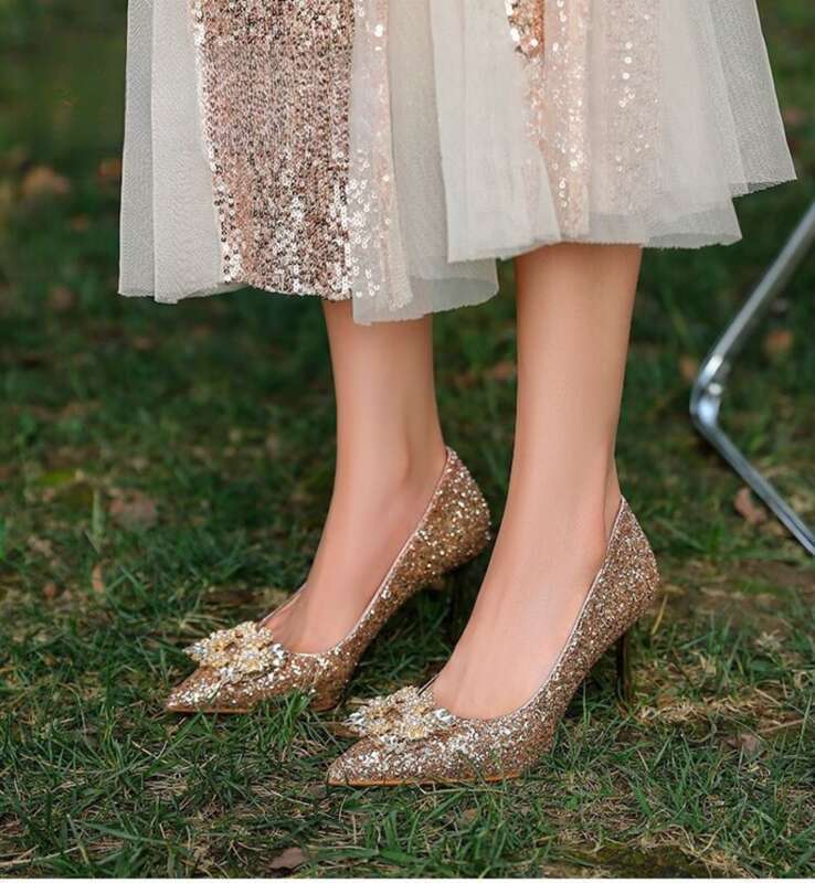 Wedding High Heels,Two Pairs Of Crystal Bridal Shoes,Women's New Champagne Color Rhinestone_voghion.com