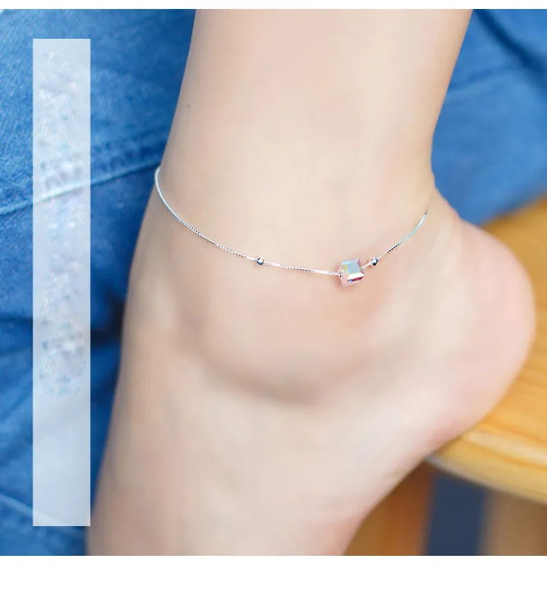 Cavigliere Modian 3D Braccialetto Gamba Quadrata Sterling Argento Caviglia Donna Pietra di Cristallo Naturale Gioielli di ModaL2403_voghion.com