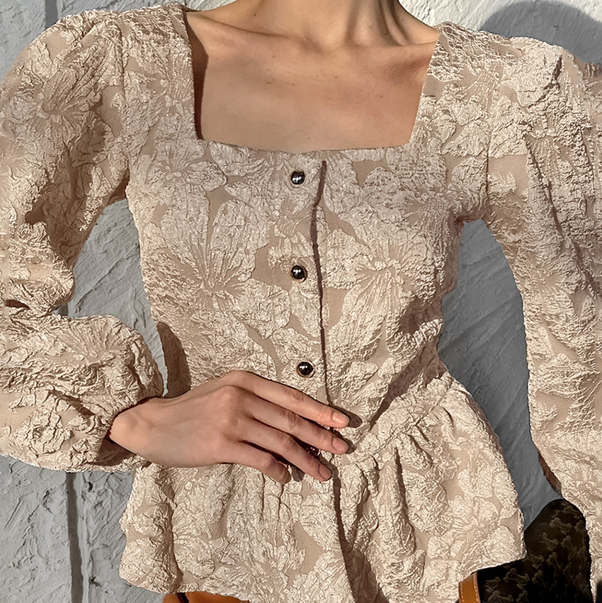 Top a maniche lunghe da donna con maniche a sbuffo jacquard, design versatile, collo quadrato, nicchia_voghion.com