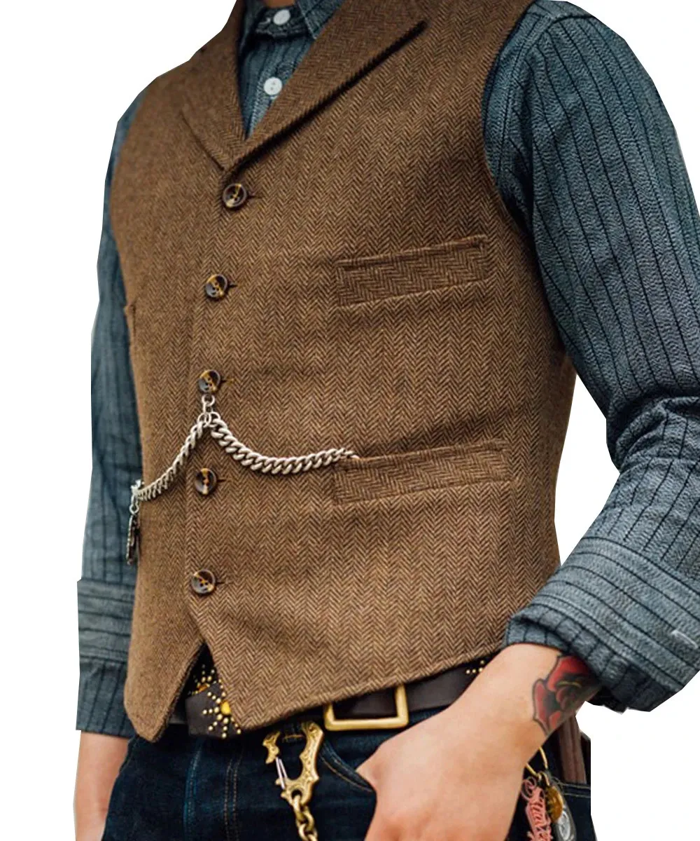 Men's Vests Suit Vest Brown Wedding Wool Tweed Business Waistcoat Jacket Casual Slim Fit Gilet Homme For Groosmen Man_voghion.com