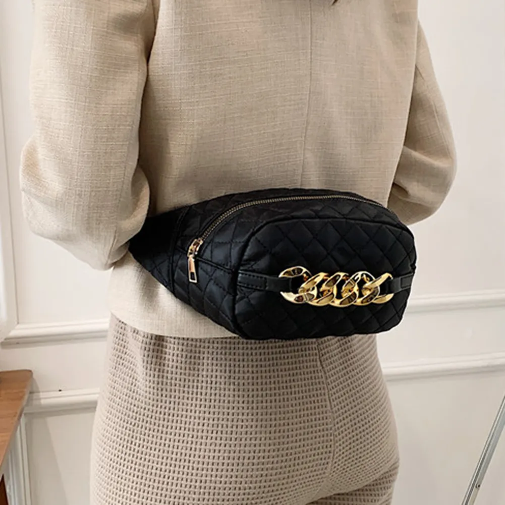 Bolsa tiracolo acolchoada com corrente grossa, casual, alça ajustável, simples e portátil para fim de semana_voghion.com