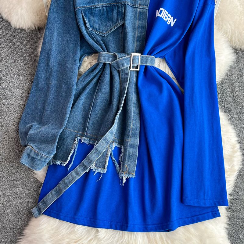 Damenbekleidung Temperament Taille mit Gürtel farblich passendes Denim lässiges mittellanges T-Shirt-Kleid_voghion.com