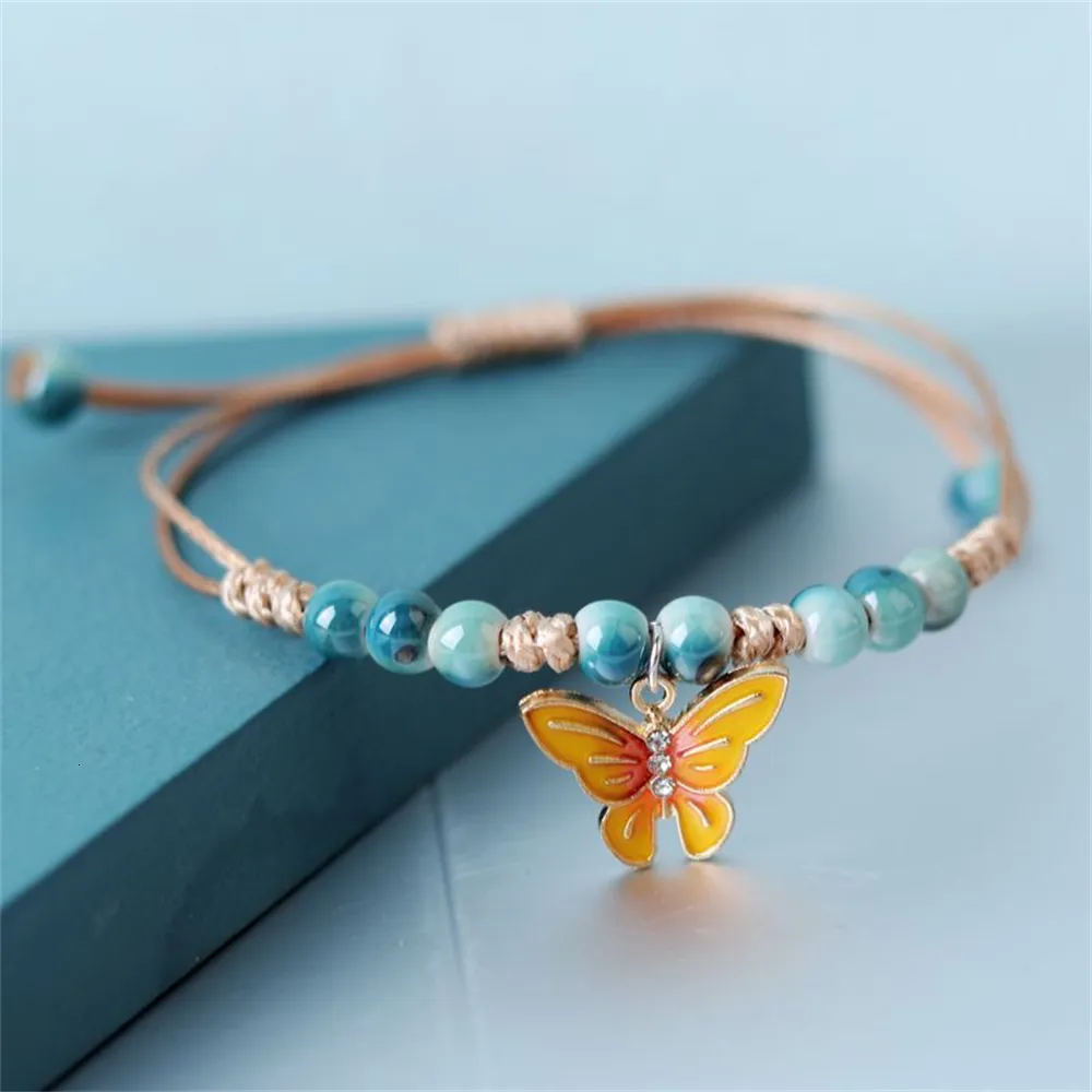 Bracelet de cheville en métal avec perles et papillon pour l'été, bracelet de cheville en corde tissée réglable et colorée pour femmes, filles et enfants_voghion.com