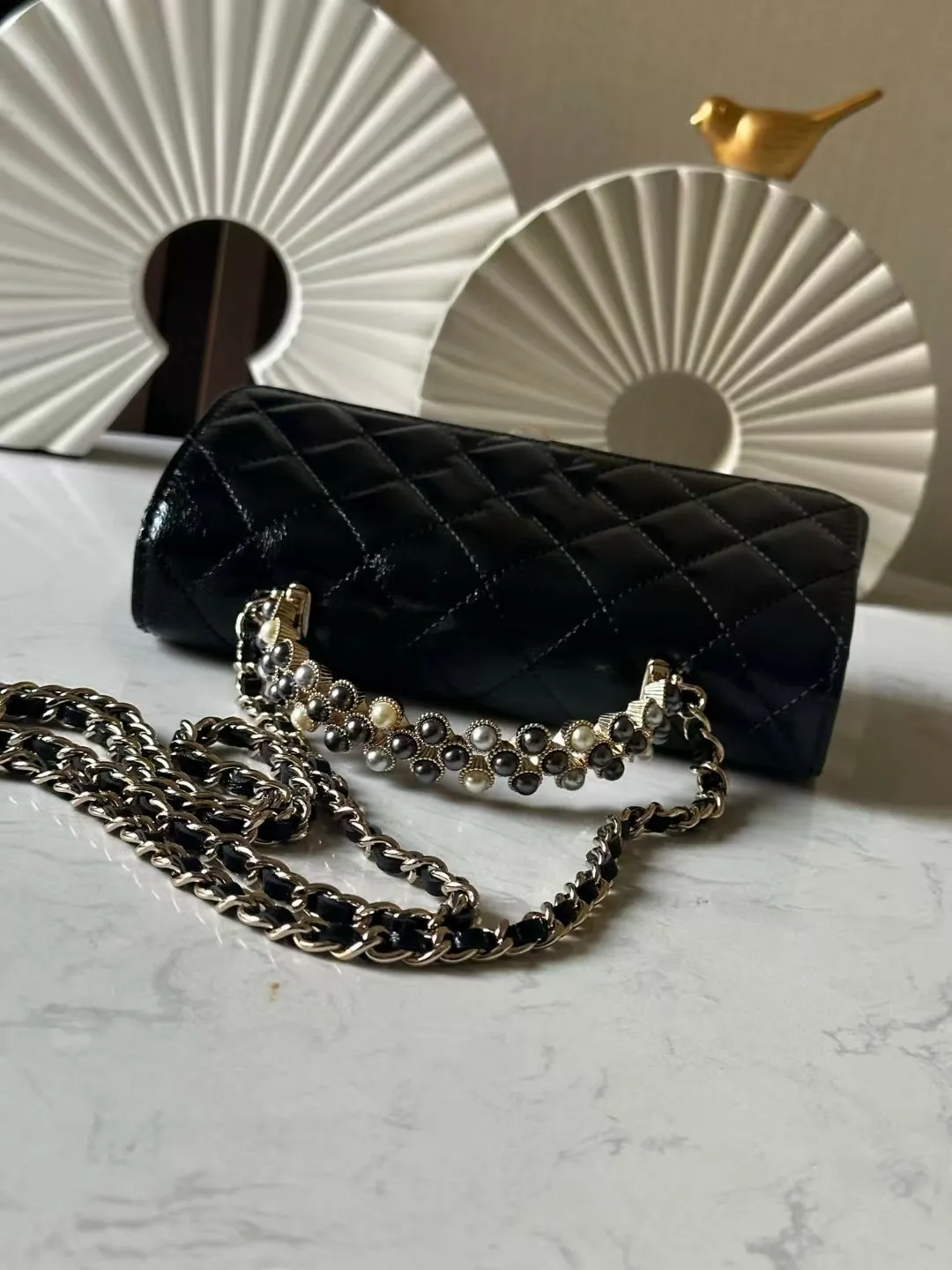 Two-tone Pearls Top Handle 10A Quality Designer Lambskin Leather Wallet On Chain Flap Gold-Tone Hardware Brushed Spring_voghion.com