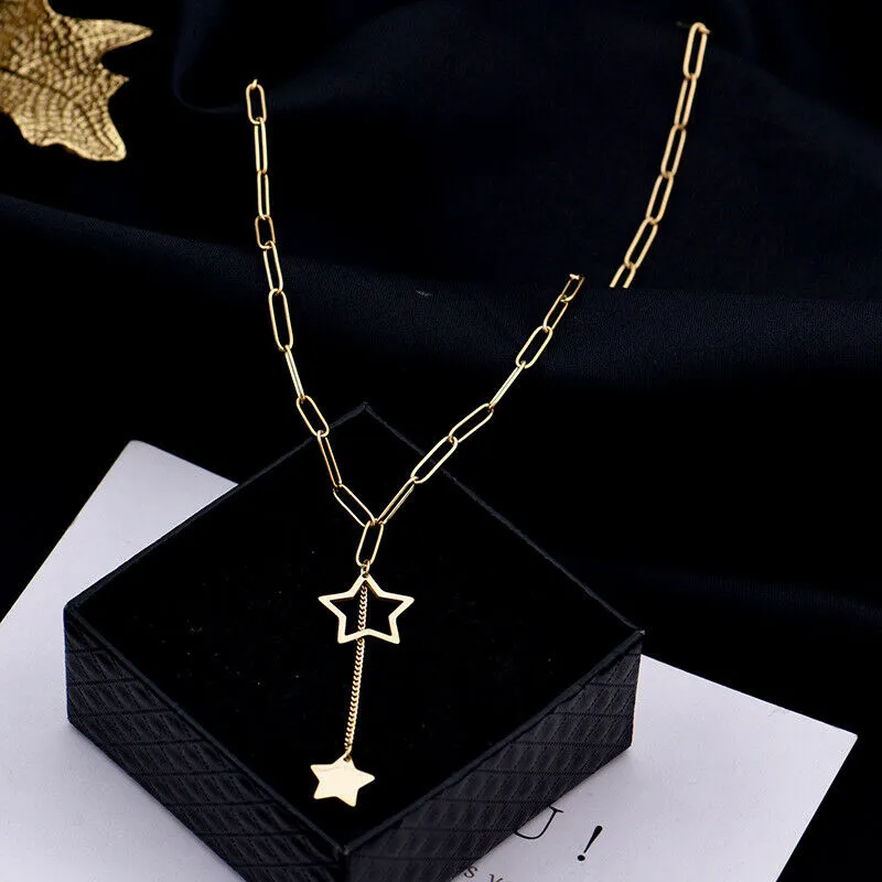 Catene 2023 Delicata Donna 14K Placcato Oro Acciaio Inossidabile Graffetta Catena Collana Stella Ciondolo Choker Nappa Collane_voghion.com
