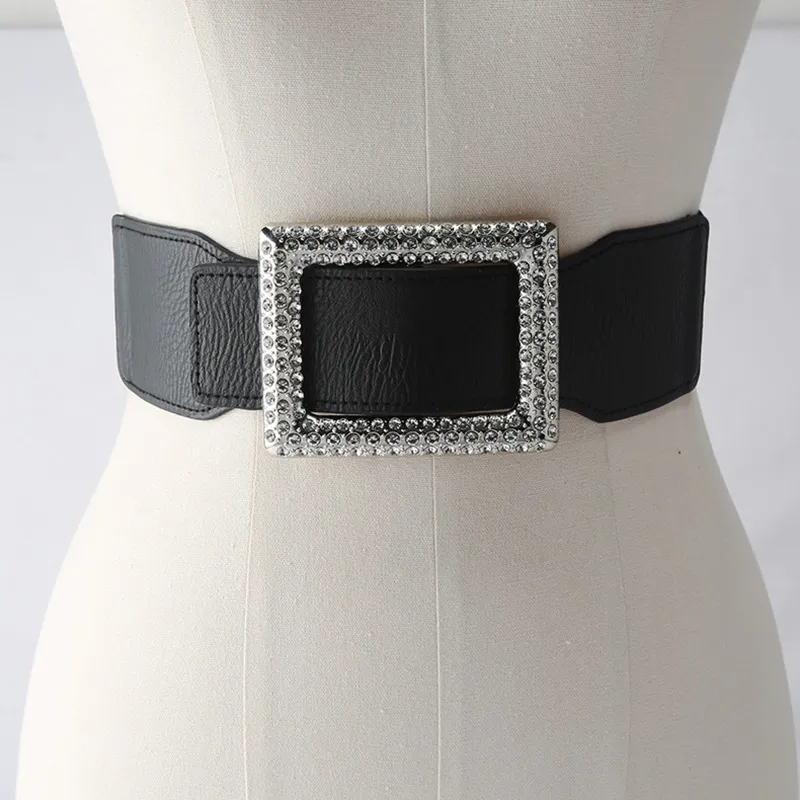 Cinture Cintura larga in pelle elastica alla moda per donna Cintura con fibbia quadrata con strass Cintura in vita con corsetto Cintura femminile_voghion.com
