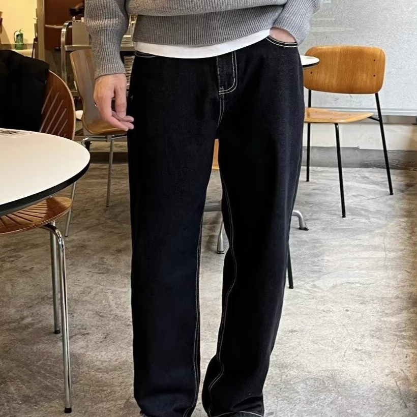 Vêtements pour hommes Printemps et automne Nouveau style Jeans Pantalons amples droits de couleur unie Pantalons longs tendance grande taille pour hommes