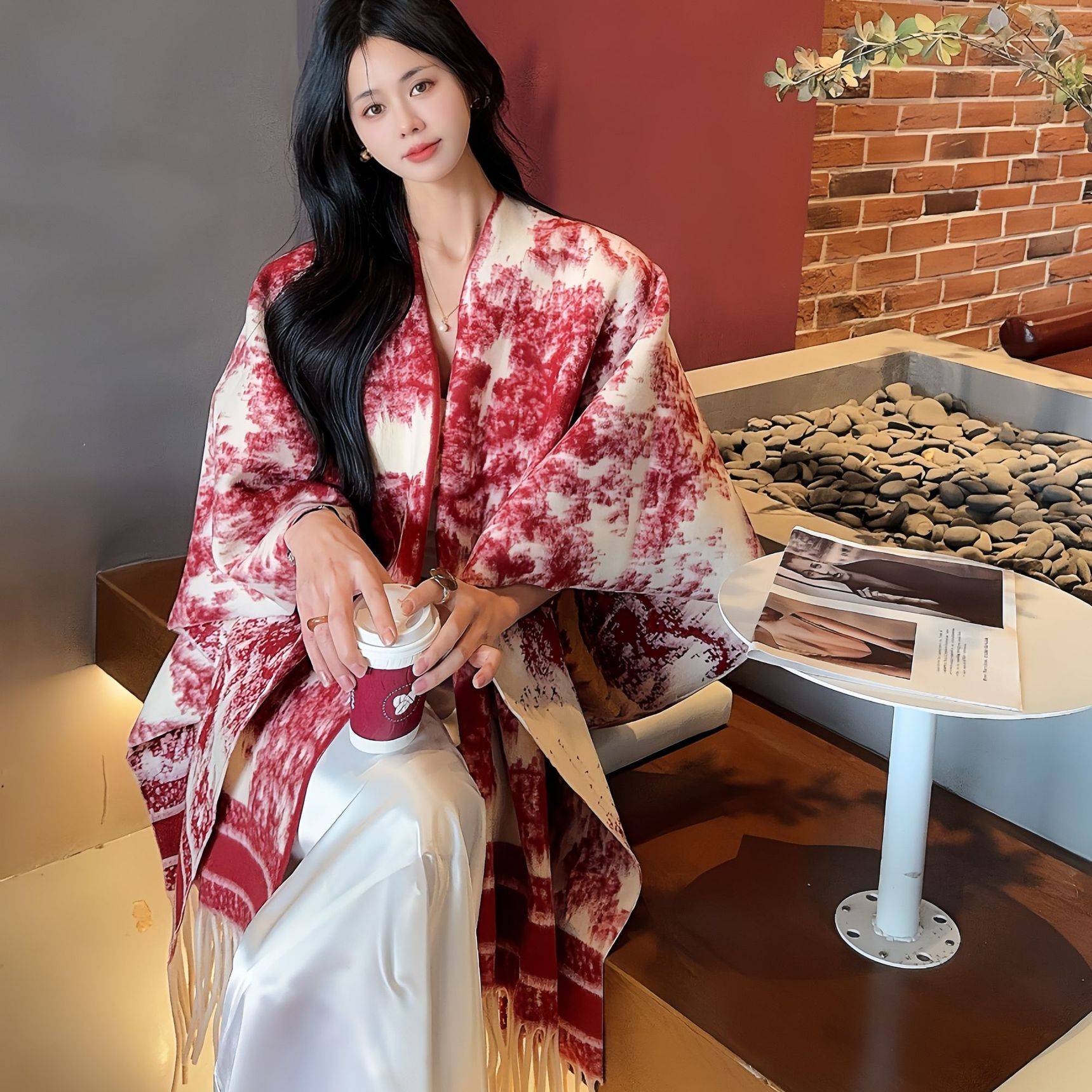 Women's Shawls Classic Fashion Tassel Shawl Wrap Front Open Puff Corner Ink Painting Plaid Scarf Cloak_voghion.com