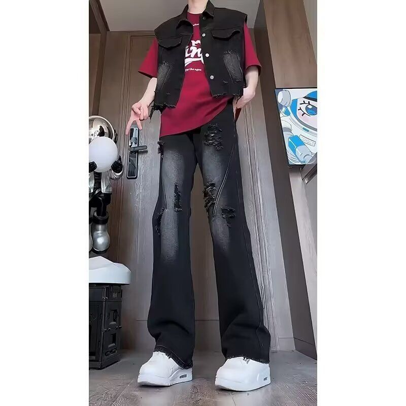 Jeans Used-Look, dünn Sommerhose für Herren Distressed-Design, gerade geschnittene Micro-Schlaghose im amerikanischen_voghion.com