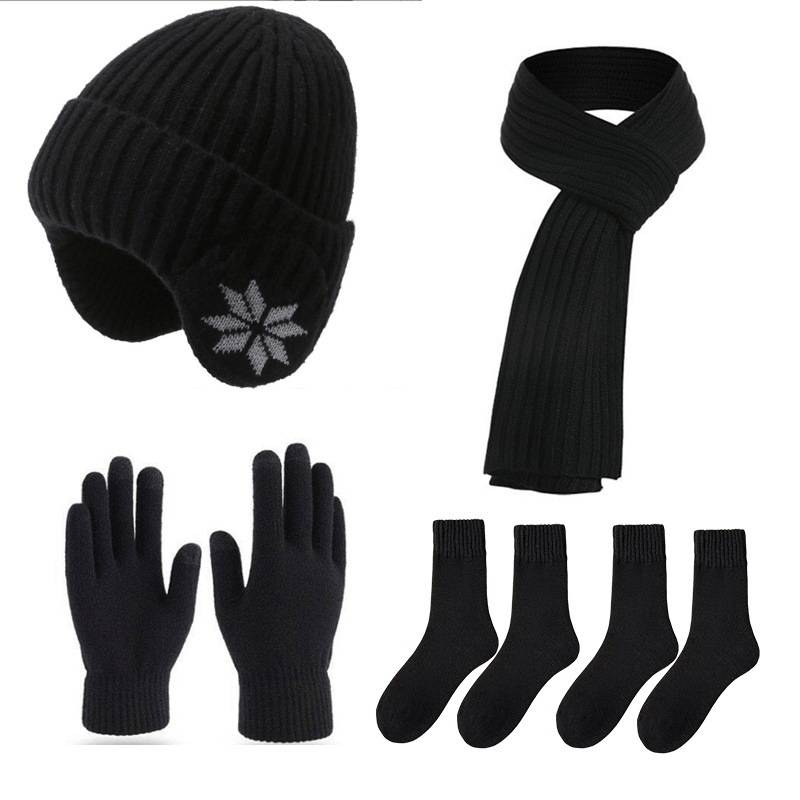 Erkek Kışlık Eldiven ve Kulaklıklı Şapka Seti (5 Parça) Bisiklet Eldiveni, Sıcak Atkı, Yün Şapka, Polar Astarlı Baş Bandı, Kadın Örgü Şapka_voghion.com