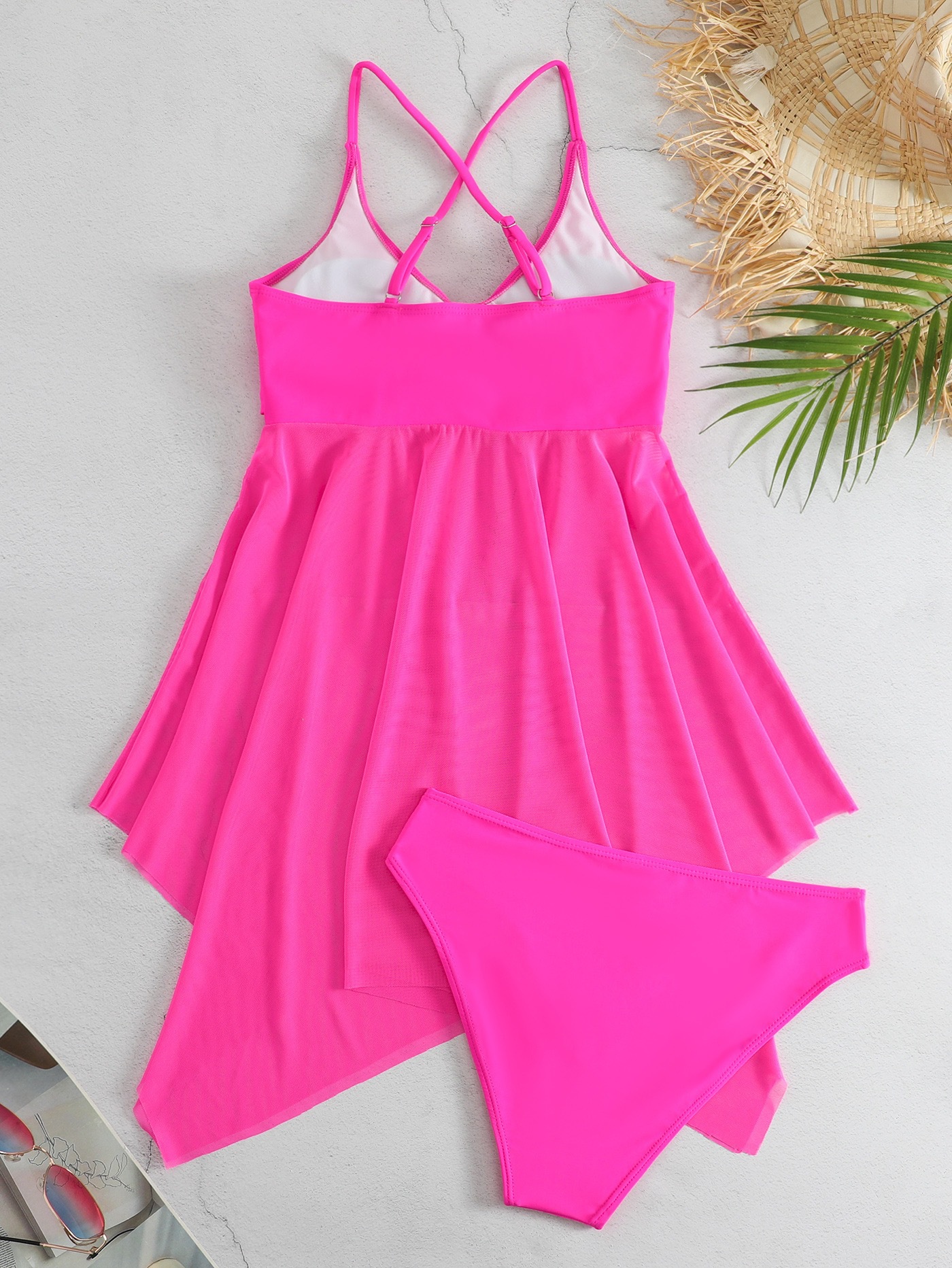 Dames Gauze Split Body High Waisted Mesh Badpak, Cross Top, Dubbele Schouderband_voghion.com